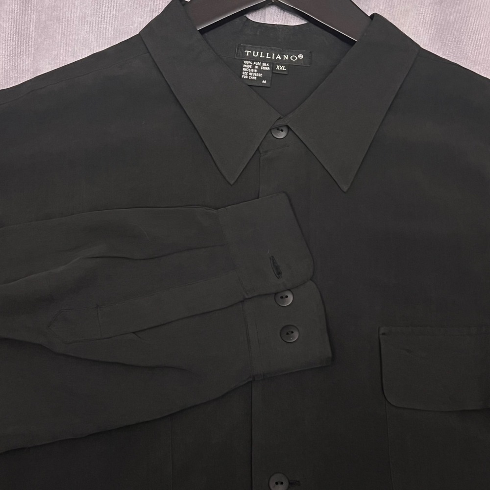 Tulliano Silk Button Down Shirt Mens XXL Black Long Sleeve Pocket Front
